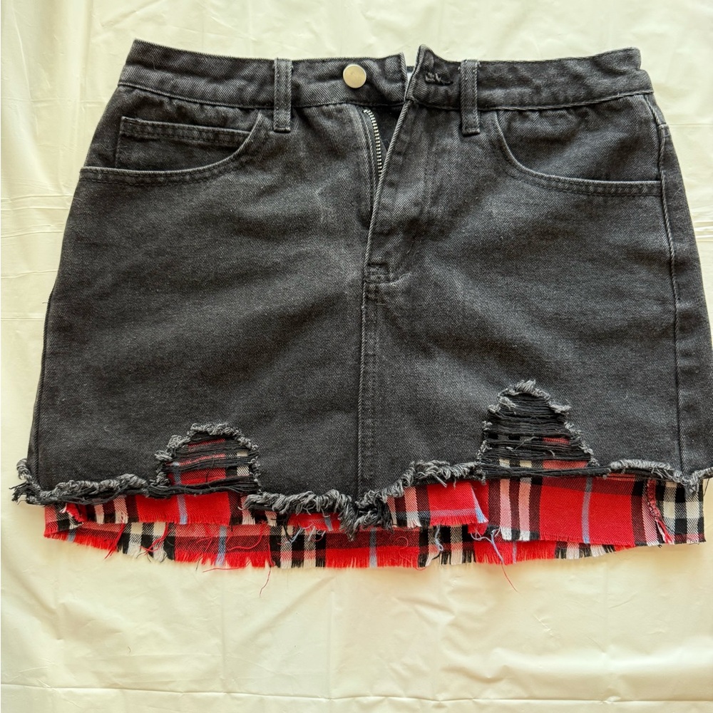 Superdown Black Denim Skirt‎ with Red Plaid Detail